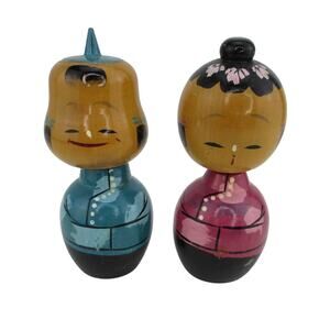 Vintage Pair Nodder Doll Wood Hand Painted Bobbleheads 5" Tall